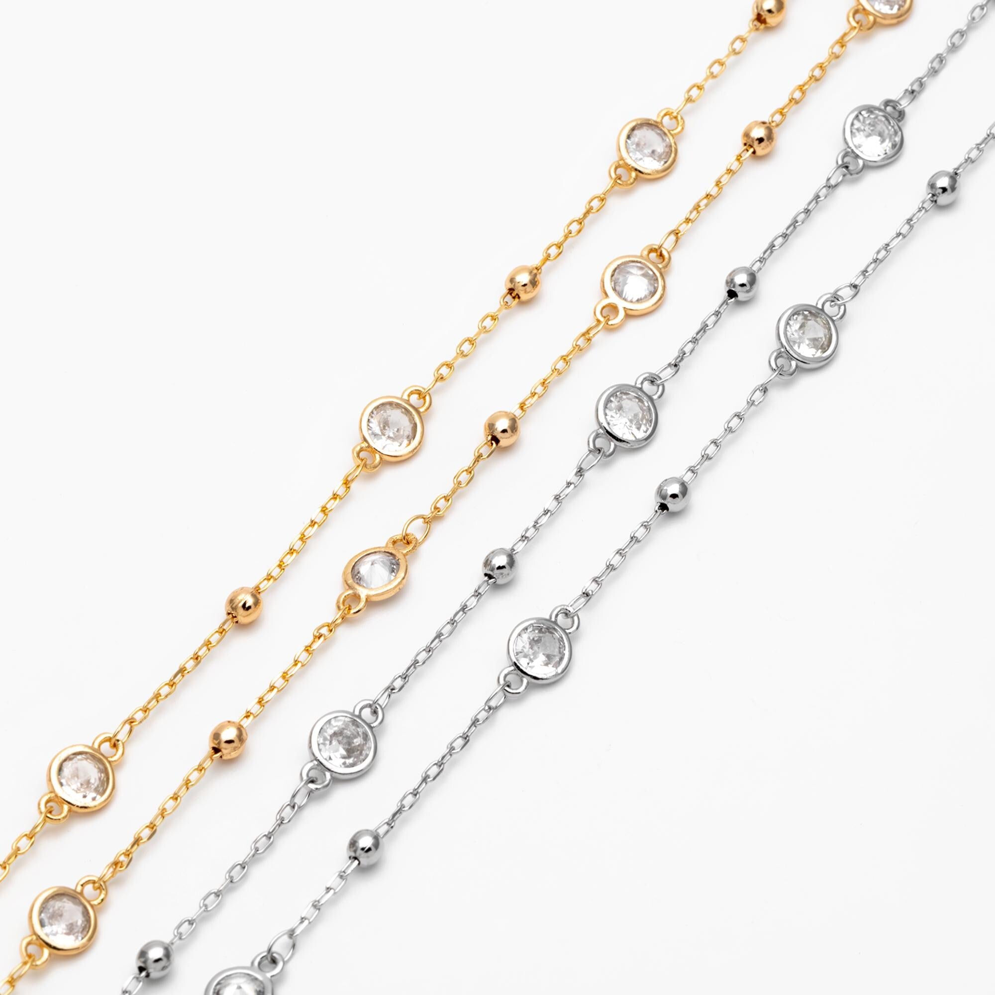 Gold/ Silver Tone Beaded Chains, 6mm Round Coin CZ Links, Gold/ Rhodium plated Brass, Lead Nickel Free (#LK-338)/ 1 Meter=3.3 ft
