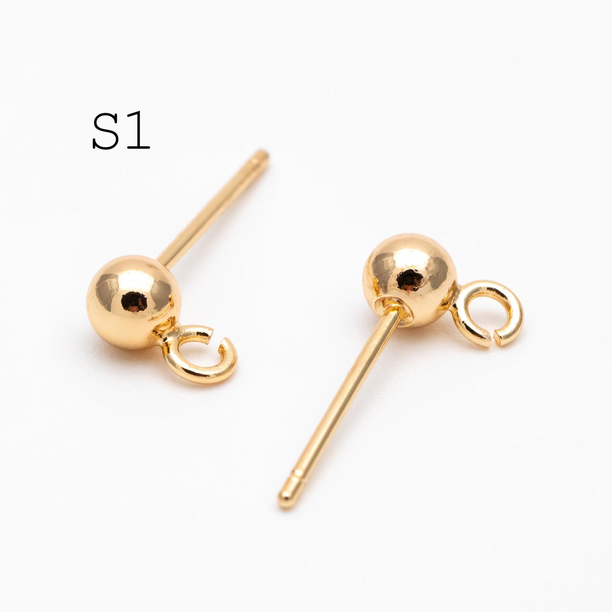 20pcs Gold/ Rhodium plated Brass Stud Earring, Ball Ear Posts with Open Ring/ Loop, 4mm Ball Size (GB-1501)