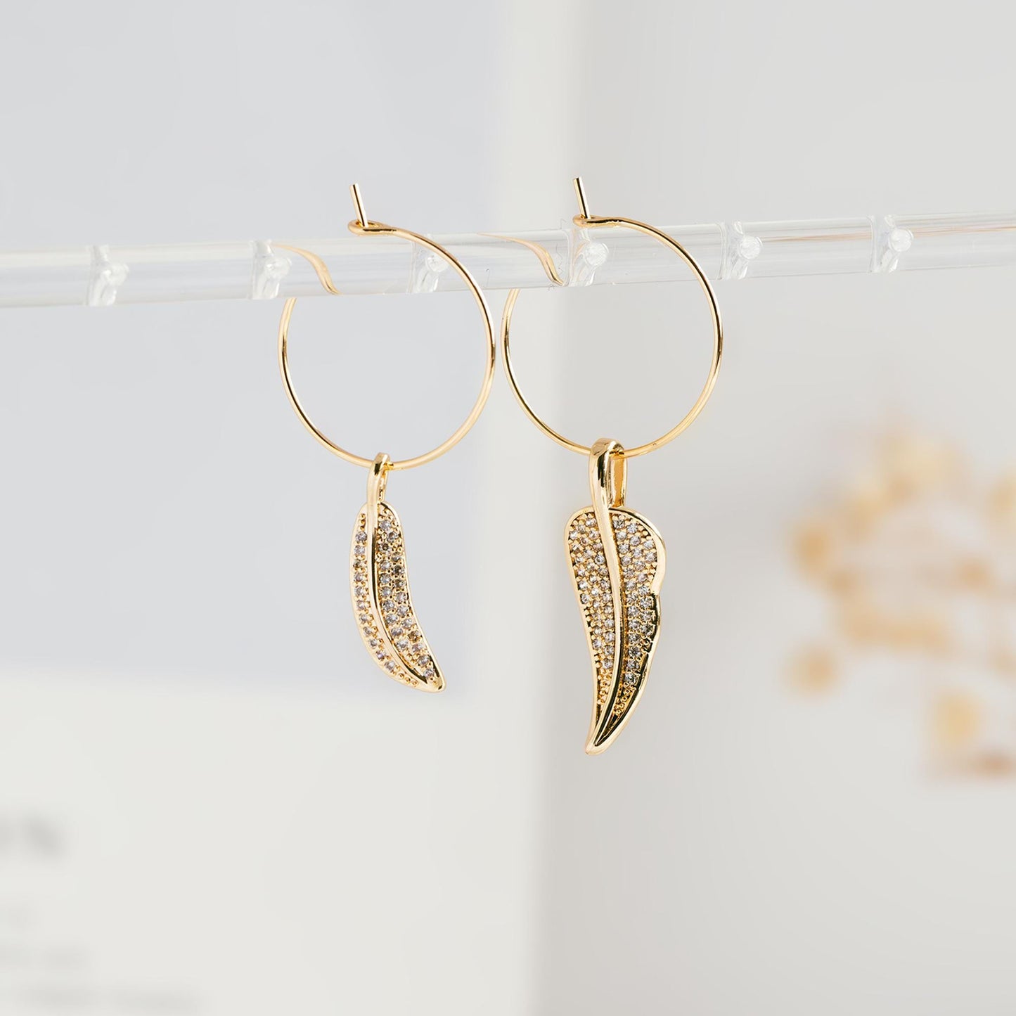 4pcs CZ pave Gold Leaf Charms, 18K Gold plated Brass, Dainty Feather Pendants (GB-2310)