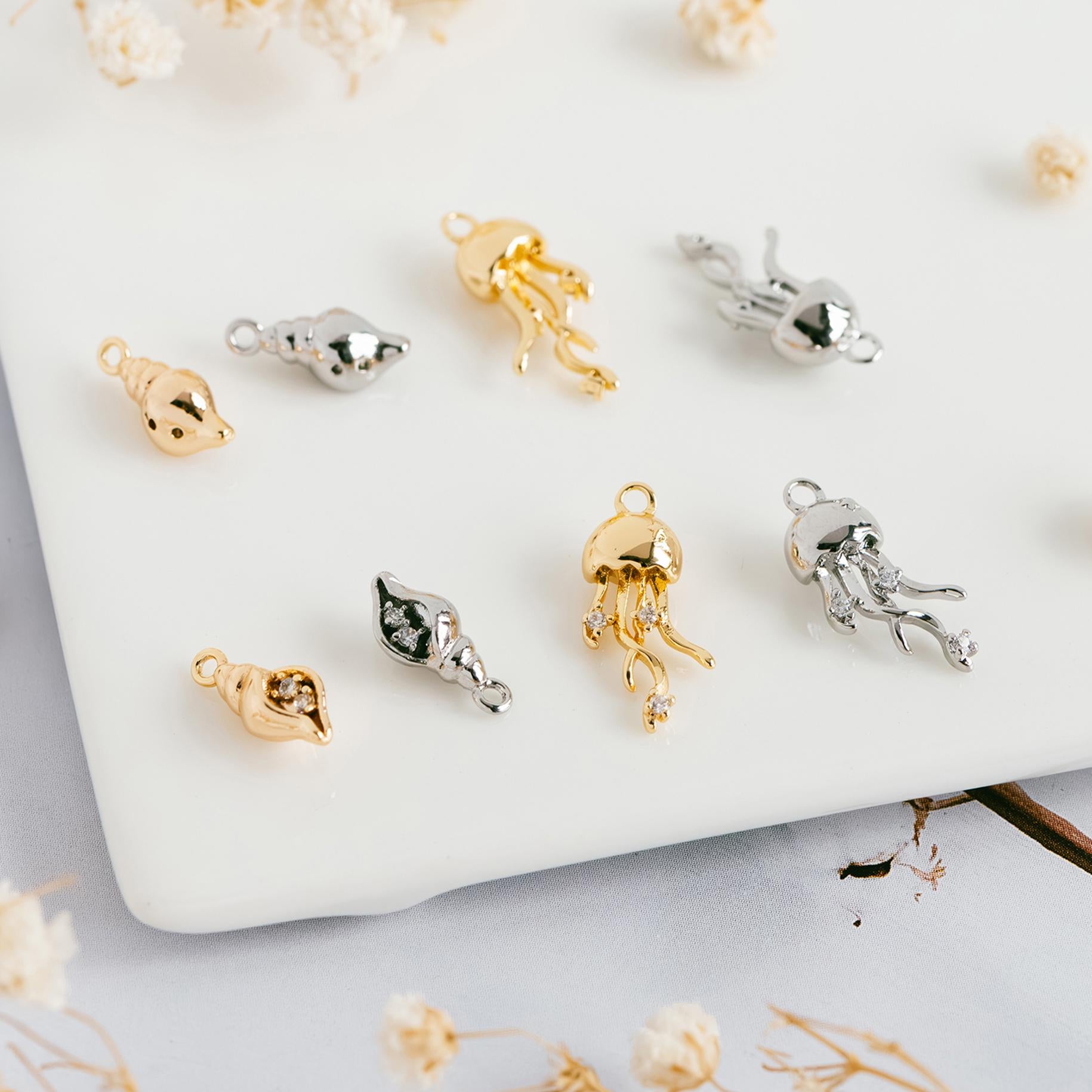 4pcs CZ Pave Gold/ Silver Tone Conch/ Jellyfish Charms, 18K Gold/ Rhodium plated Brass, Dainty Beach Jewelry (GB-4643)