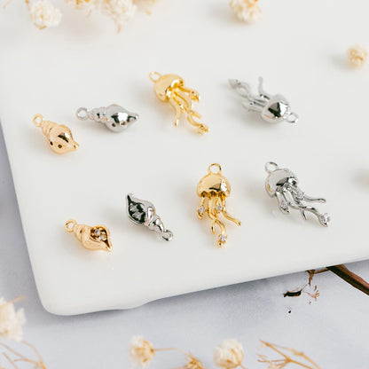 4pcs CZ Pave Gold/ Silver Tone Conch/ Jellyfish Charms, 18K Gold/ Rhodium plated Brass, Dainty Beach Jewelry (GB-4643)