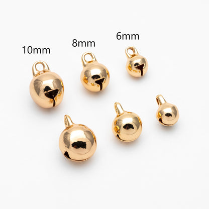 10pcs Gold/ Silver Tone Jingle Bell Charms, 6/ 8/ 10mm, Real Gold/ Rhodium plated Brass, Round Cat Bell Charms Can Ring (GB-192)