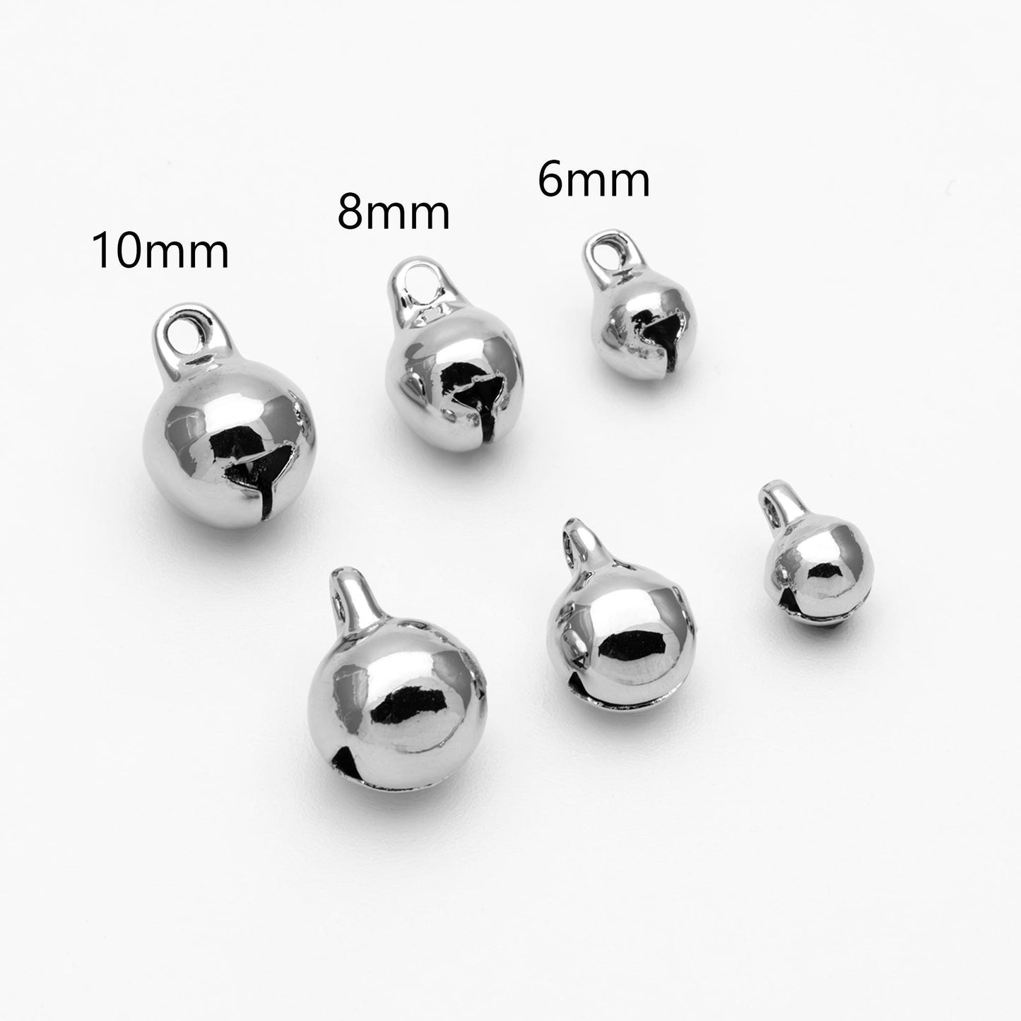 10pcs Gold/ Silver Tone Jingle Bell Charms, 6/ 8/ 10mm, Real Gold/ Rhodium plated Brass, Round Cat Bell Charms Can Ring (GB-192)