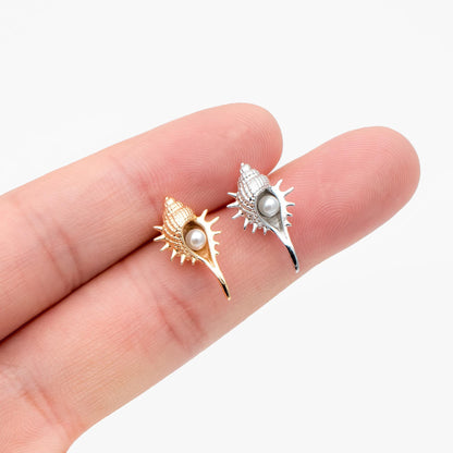 4pcs Faux Pearl Pave Gold/ Silver Tone Shell Earrings, Gold/ Rhodium plated Brass Seashell Stud Earrings (GB-4652)