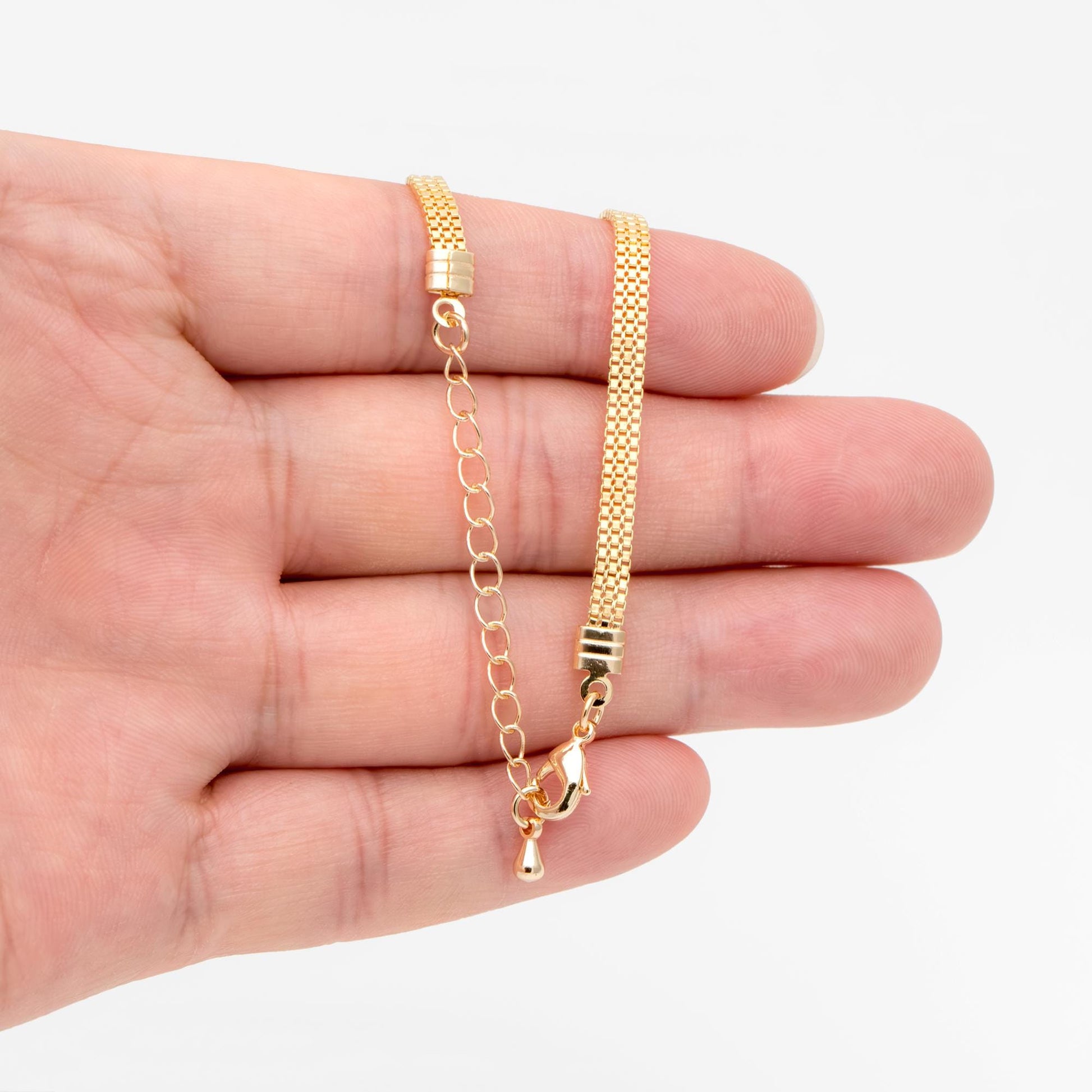 Gold plated Brass Flat Box Chain 3mm by 1mm, Adjustable Bracelet/ Anklet/ Necklace (#LK-424)