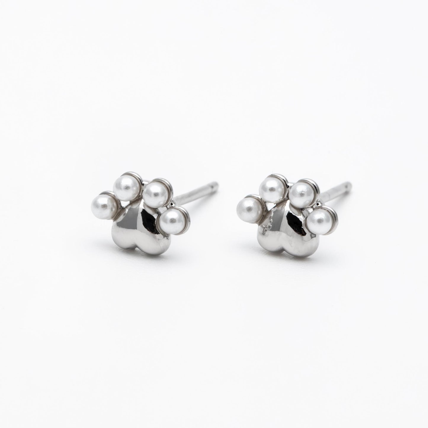 4pcs Gold/ Silver Faux Pearl Pet Paw Print Earrings, 18K Gold/ Rhodium Plated Brass, Minimalist Stud Earring (GB-4633)