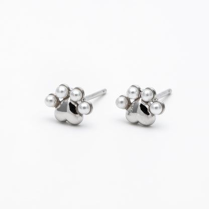 4pcs Gold/ Silver Faux Pearl Pet Paw Print Earrings, 18K Gold/ Rhodium Plated Brass, Minimalist Stud Earring (GB-4633)