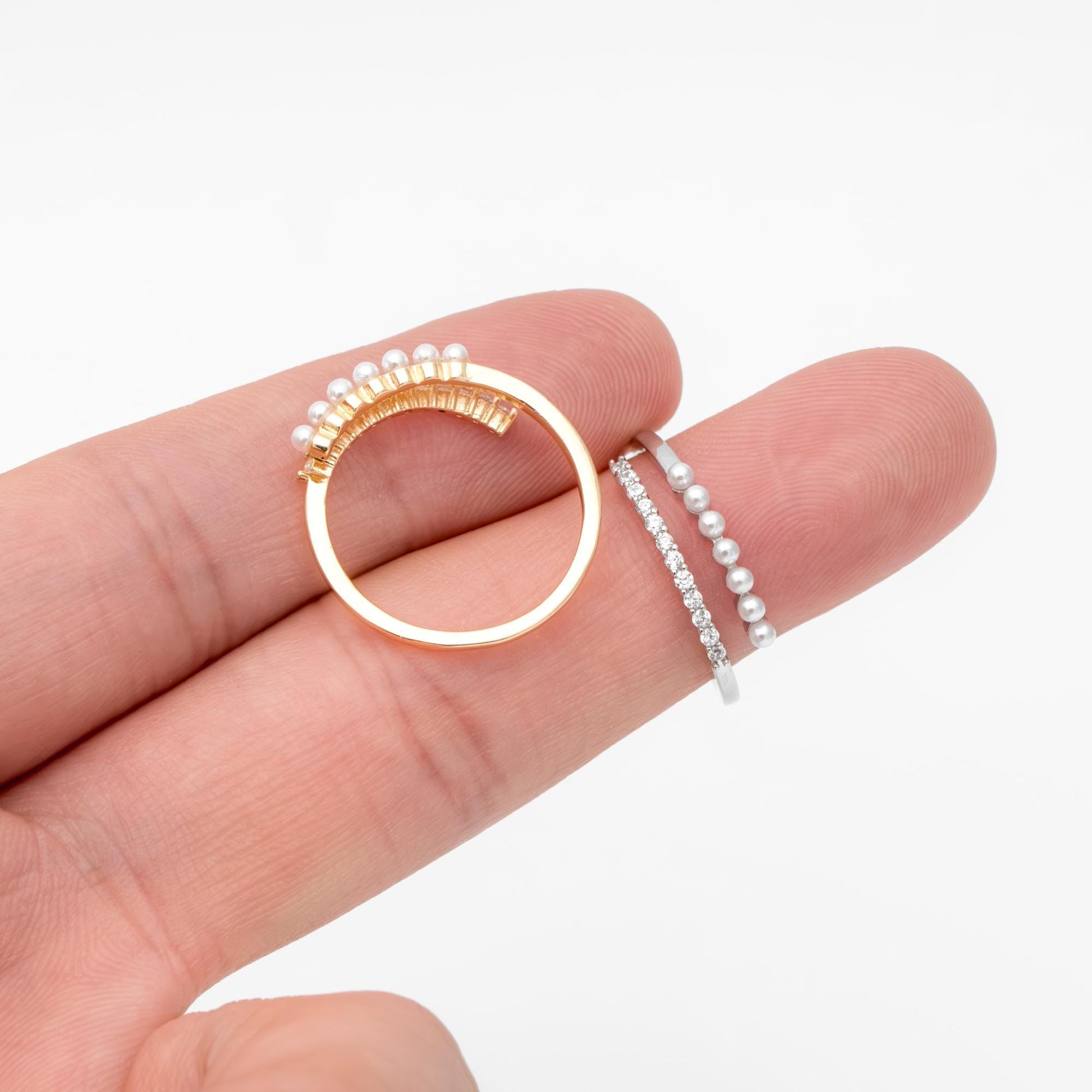 4pcs CZ Pave Finger Ring, Faux Pearl Ring, Gold/ Rhodium plated Brass, Gift for Her, Dainty Ring, Adjustable Ring (#JZ-016-A)