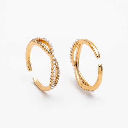 4pcs CZ Pave Finger Ring, Faux Pearl Ring, Gold/ Rhodium plated Brass, Gift for Her, Dainty Ring, Adjustable Ring (#GB-4657)