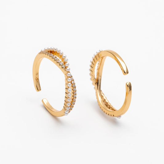 4pcs CZ Pave Finger Ring, Faux Pearl Ring, Gold/ Rhodium plated Brass, Gift for Her, Dainty Ring, Adjustable Ring (#GB-4657)