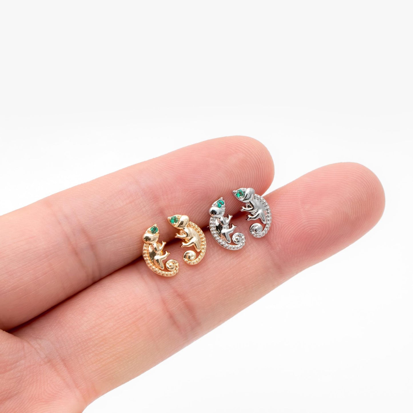 10pcs CZ Pave Gold/ Silver Tone Chameleon Earrings, 18K Real Gold/ Rhodium plated Brass, Lizard Stud Earrings (GB-4658)
