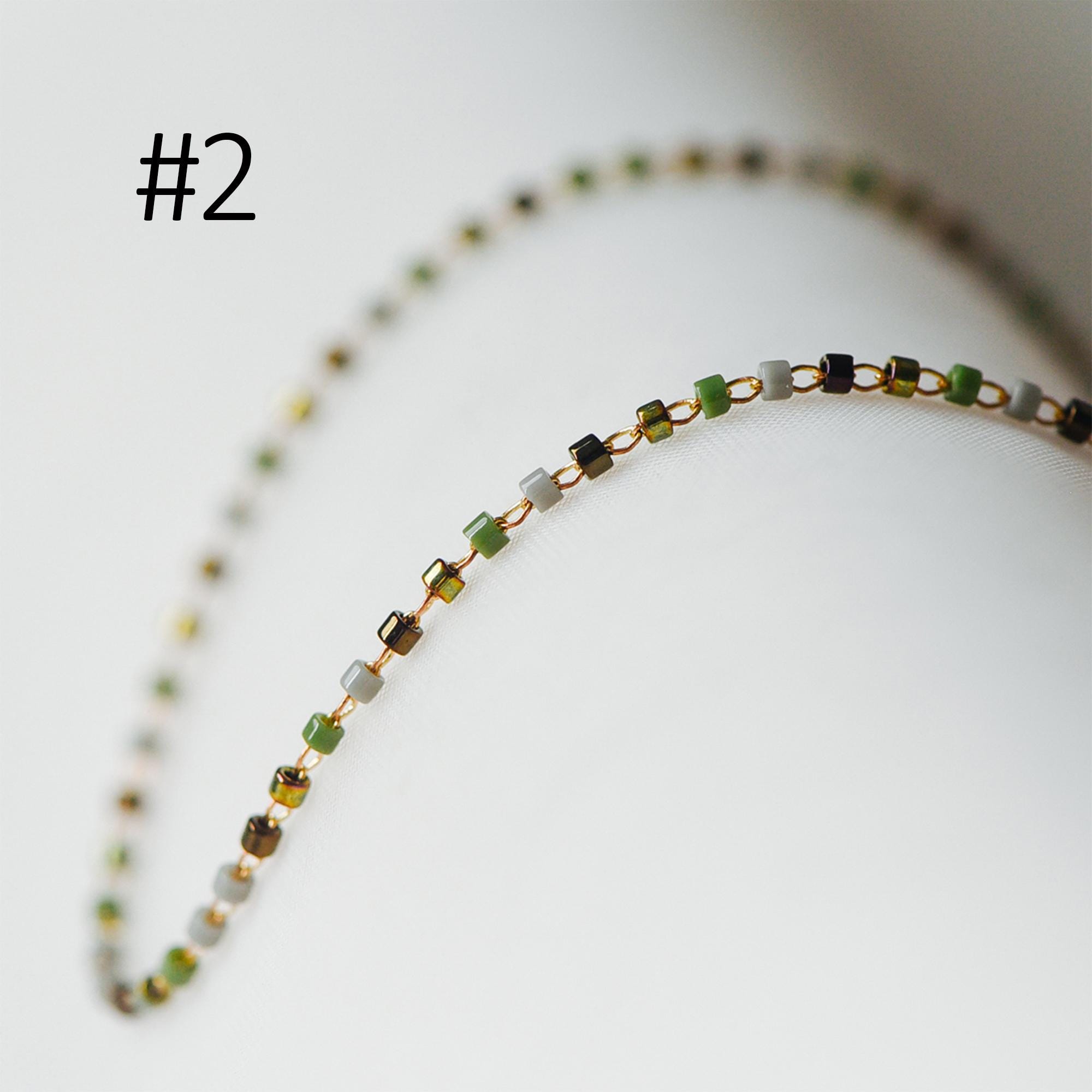 Dainty Miyuki Seed Glass Bead Chain 1.8mm, Unplated Brass Beaded Tiny Chain, Multi Colors Mix (#LK-052)/ 1 Meter=3.3ft