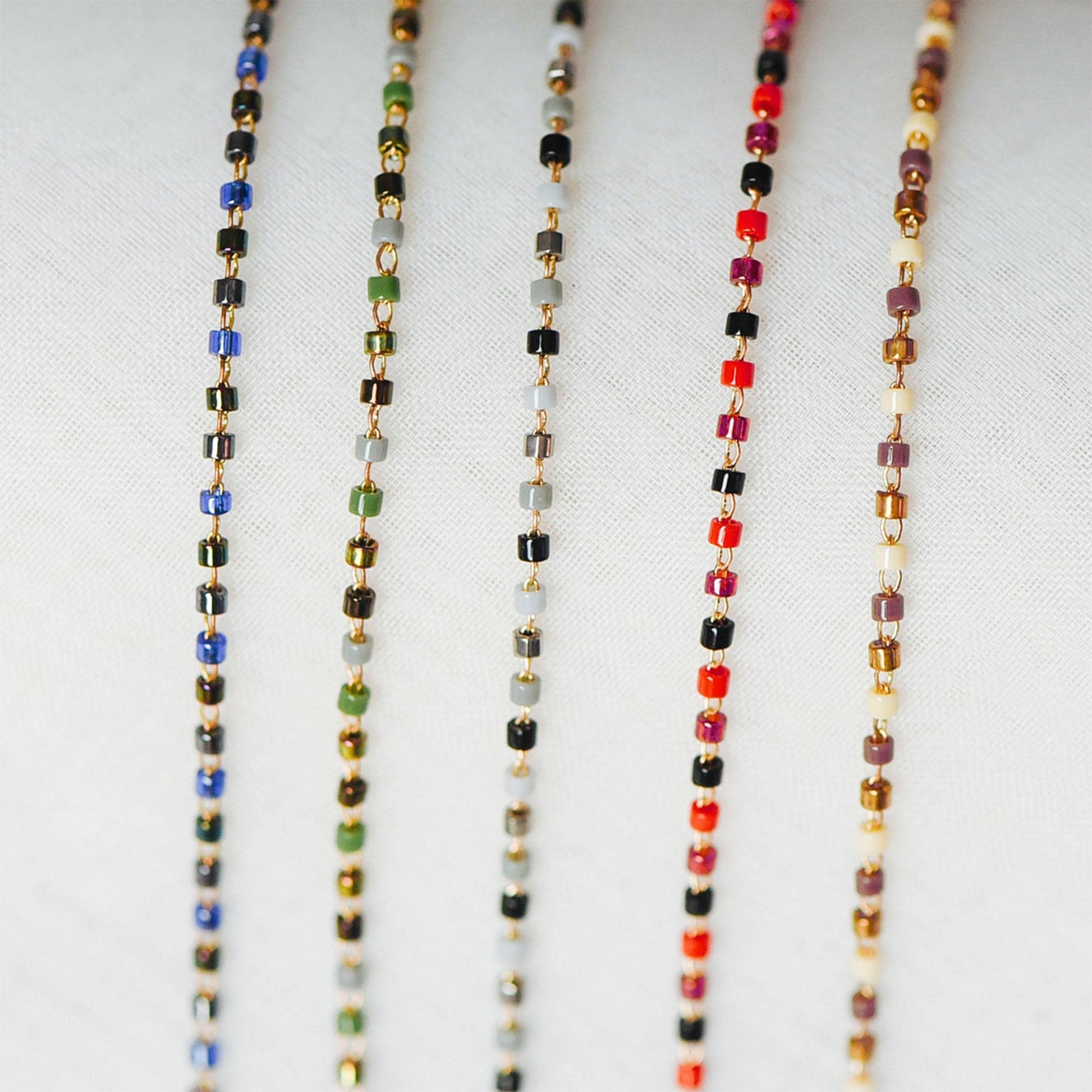 Dainty Miyuki Seed Glass Bead Chain 1.8mm, Unplated Brass Beaded Tiny Chain, Multi Colors Mix (#LK-052)/ 1 Meter=3.3ft