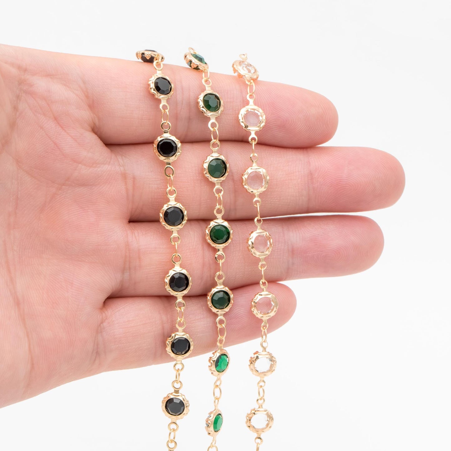 Gold plated Brass Crystal Beaded Chains, Link Chains with 7mm Flat Coin Beads, Color Not Easily Tarnish (#LK-183)/ 1 Meter=3.3 ft