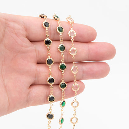 Gold plated Brass Crystal Beaded Chains, Link Chains with 7mm Flat Coin Beads, Color Not Easily Tarnish (#LK-183)/ 1 Meter=3.3 ft