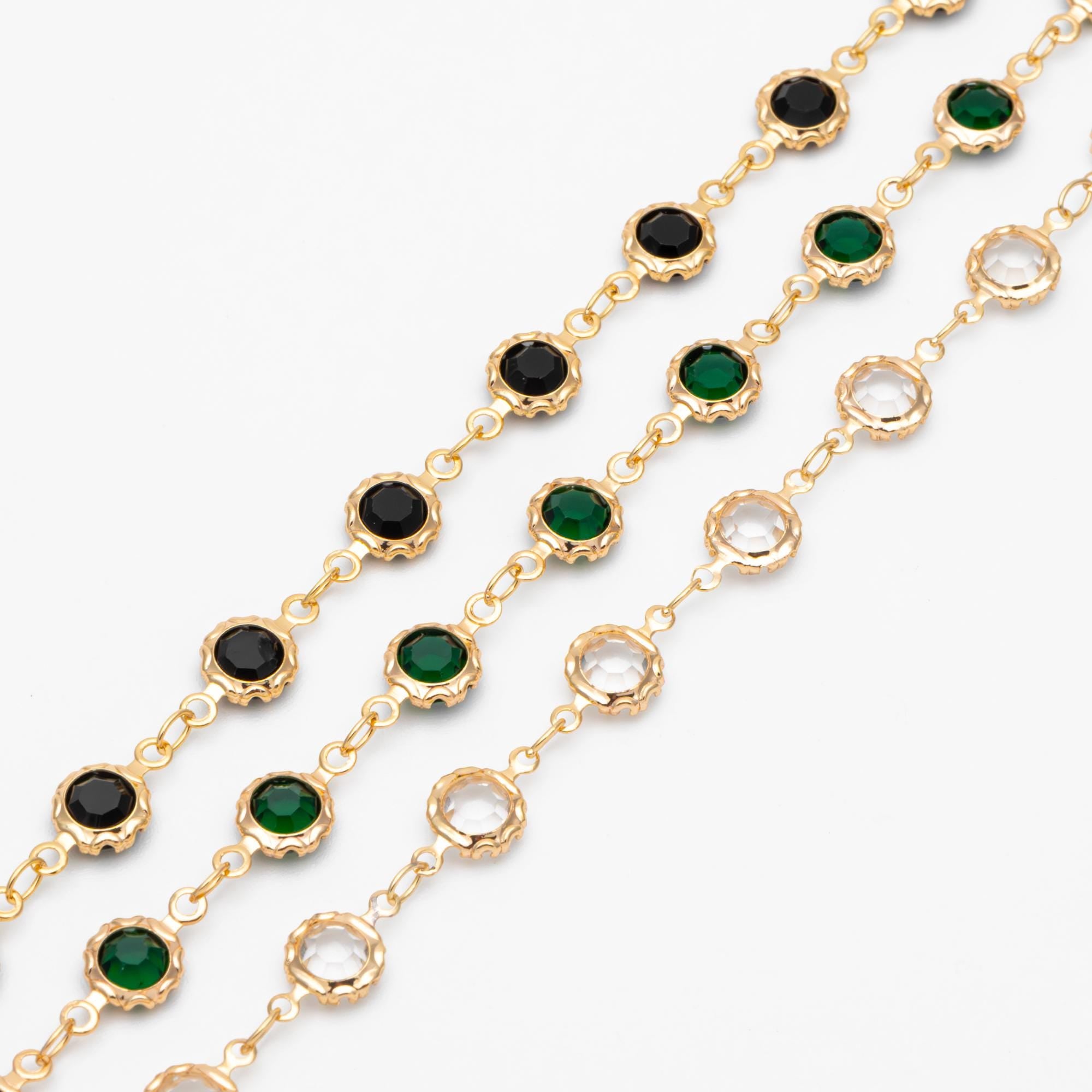 Gold plated Brass Crystal Beaded Chains, Link Chains with 7mm Flat Coin Beads, Color Not Easily Tarnish (#LK-183)/ 1 Meter=3.3 ft