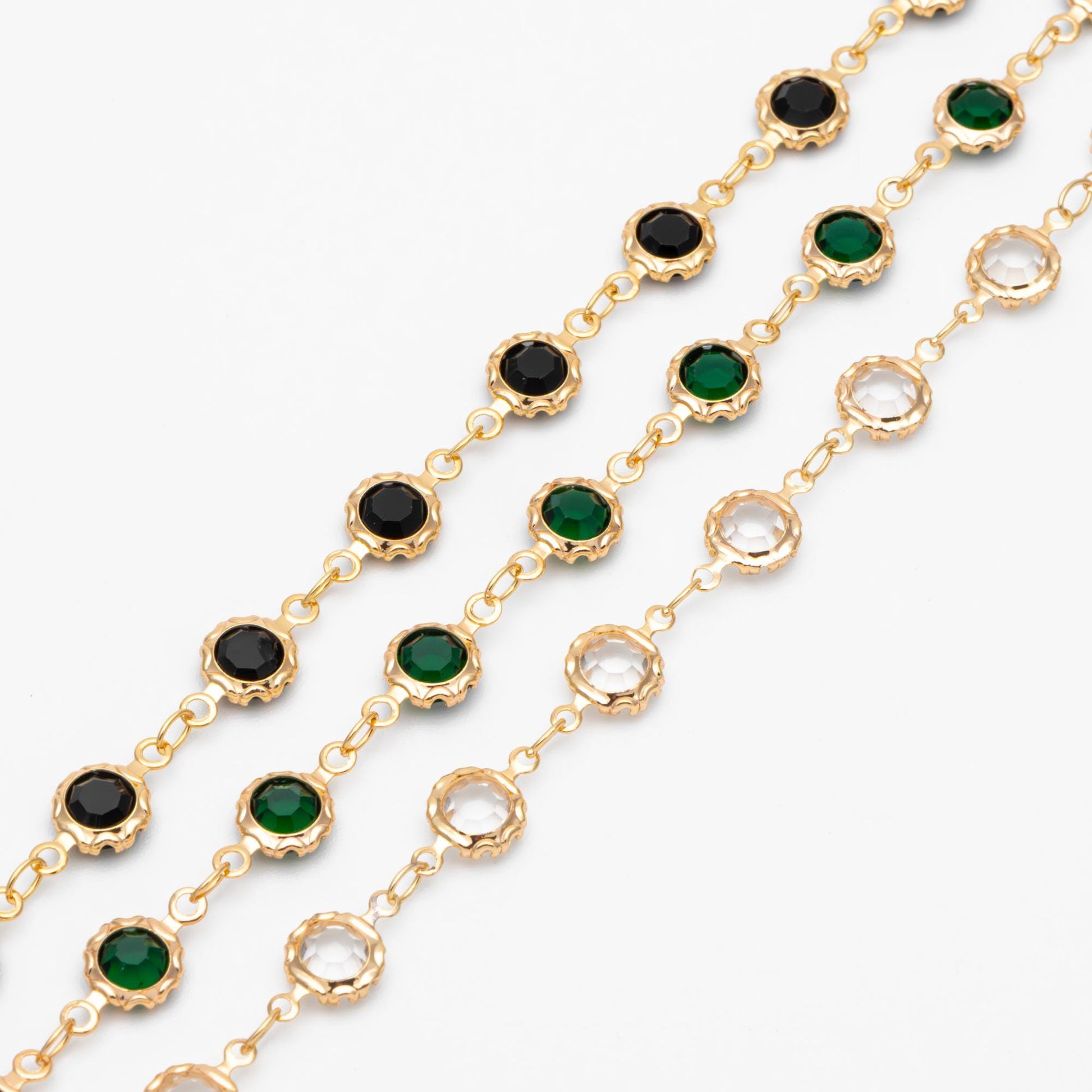 Gold plated Brass Crystal Beaded Chains, Link Chains with 7mm Flat Coin Beads, Color Not Easily Tarnish (#LK-183)/ 1 Meter=3.3 ft