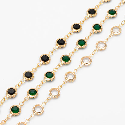 Gold plated Brass Crystal Beaded Chains, Link Chains with 7mm Flat Coin Beads, Color Not Easily Tarnish (#LK-183)/ 1 Meter=3.3 ft