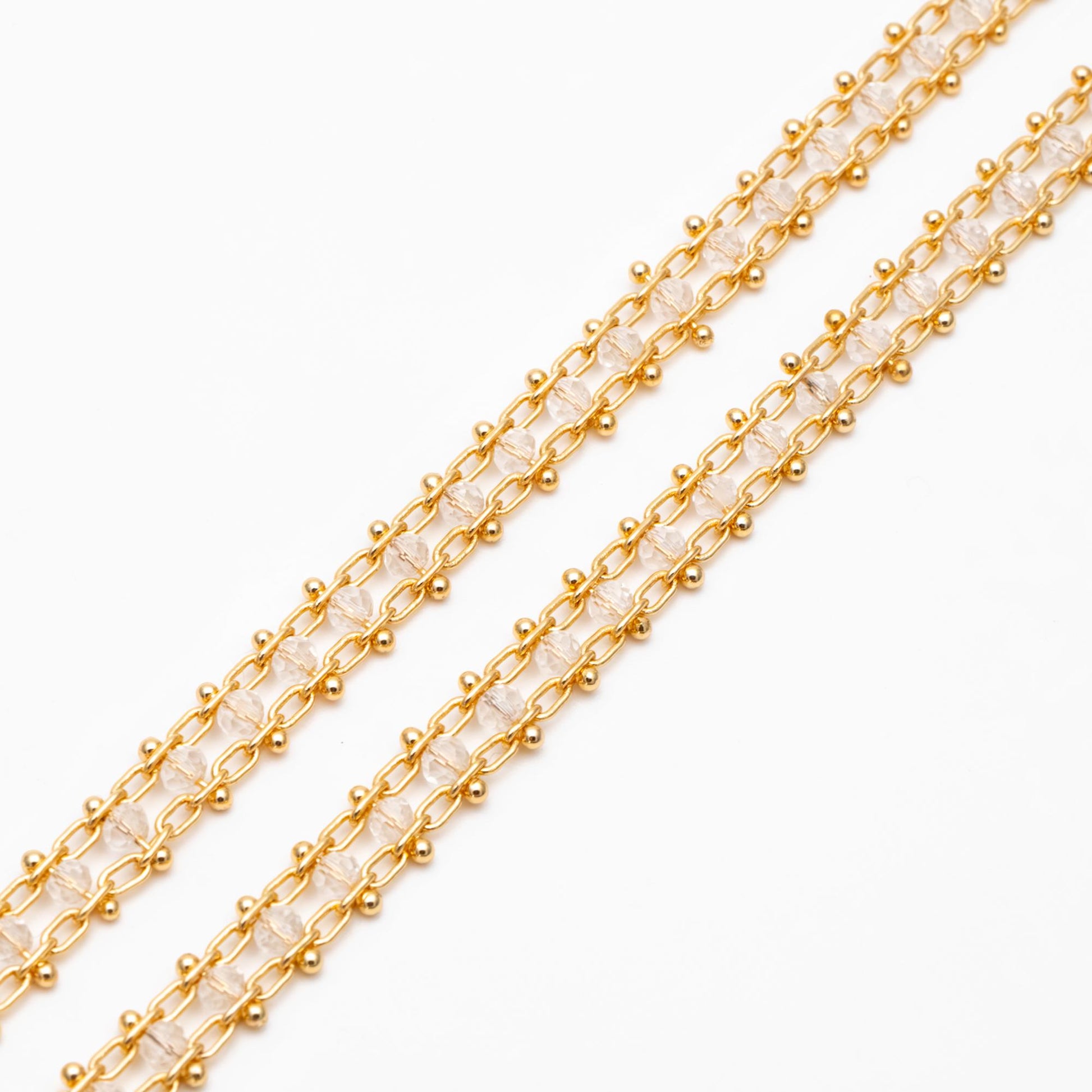 Gold plated Brass Beaded Chain 7mm, Designer Chain with Crystal Glass Rondelle Beads (#LK-171)/ 1 Meter=3.3ft