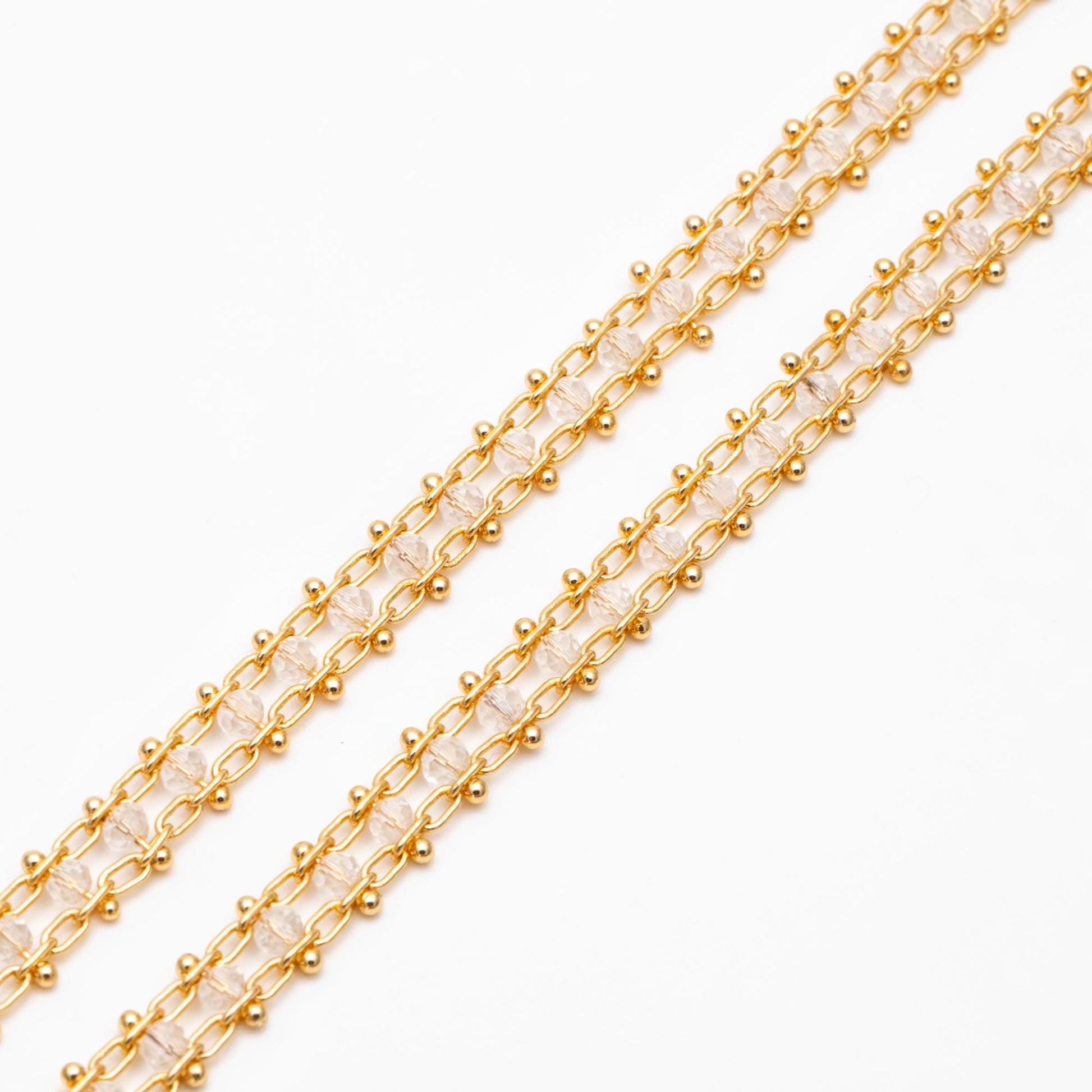 Gold plated Brass Beaded Chain 7mm, Designer Chain with Crystal Glass Rondelle Beads (#LK-171)/ 1 Meter=3.3ft