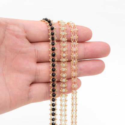 Gold plated Brass Beaded Chain 7mm, Designer Chain with Crystal Glass Rondelle Beads (#LK-171)/ 1 Meter=3.3ft