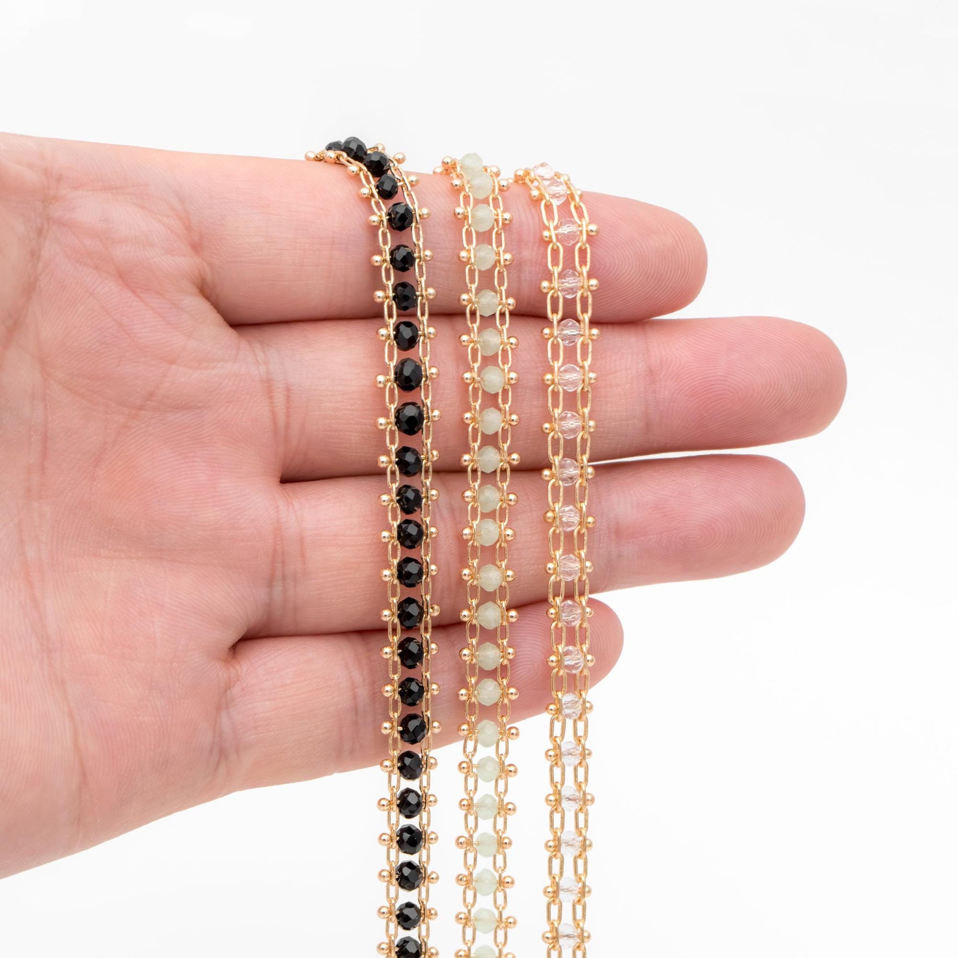 Gold plated Brass Beaded Chain 7mm, Designer Chain with Crystal Glass Rondelle Beads (#LK-171)/ 1 Meter=3.3ft
