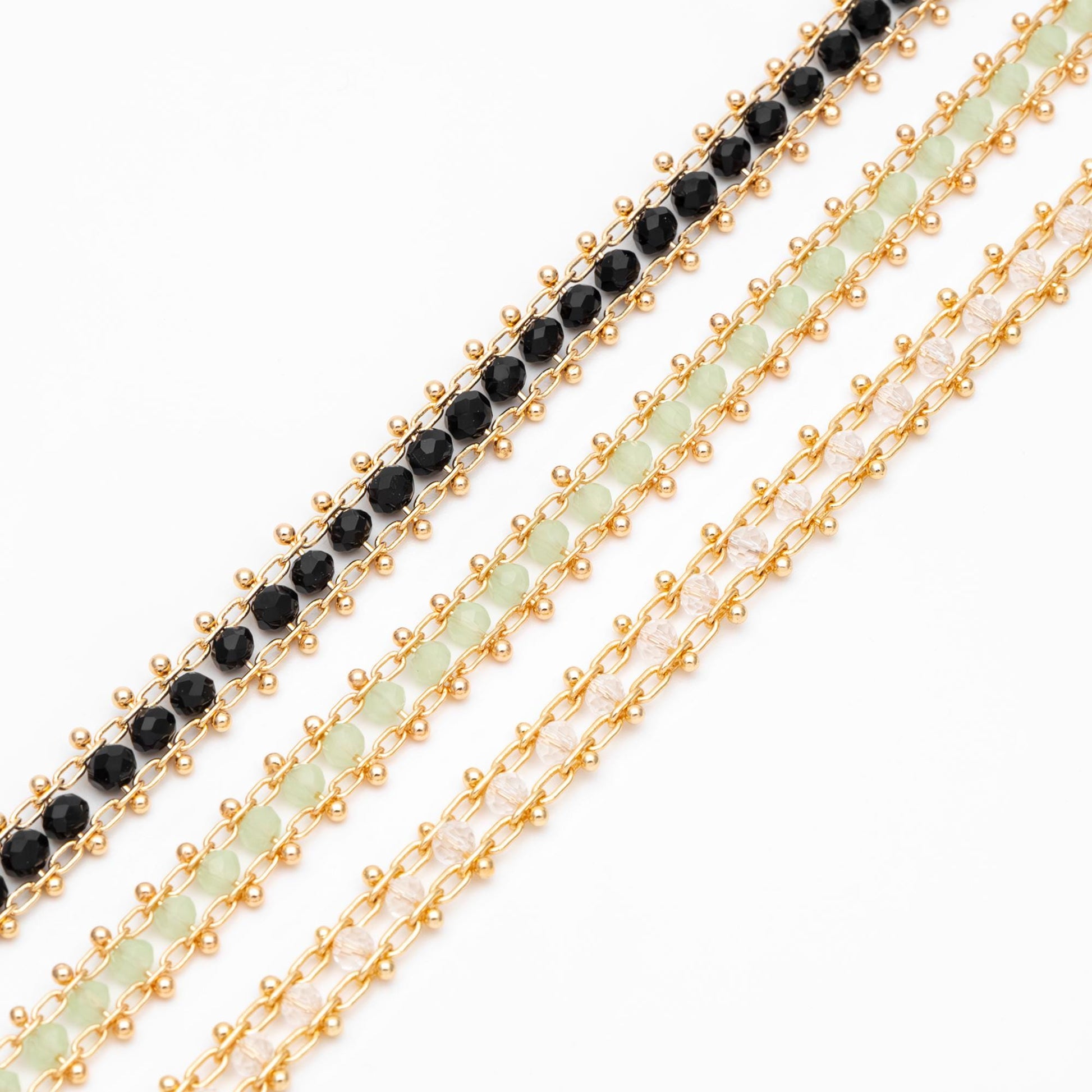 Gold plated Brass Beaded Chain 7mm, Designer Chain with Crystal Glass Rondelle Beads (#LK-171)/ 1 Meter=3.3ft
