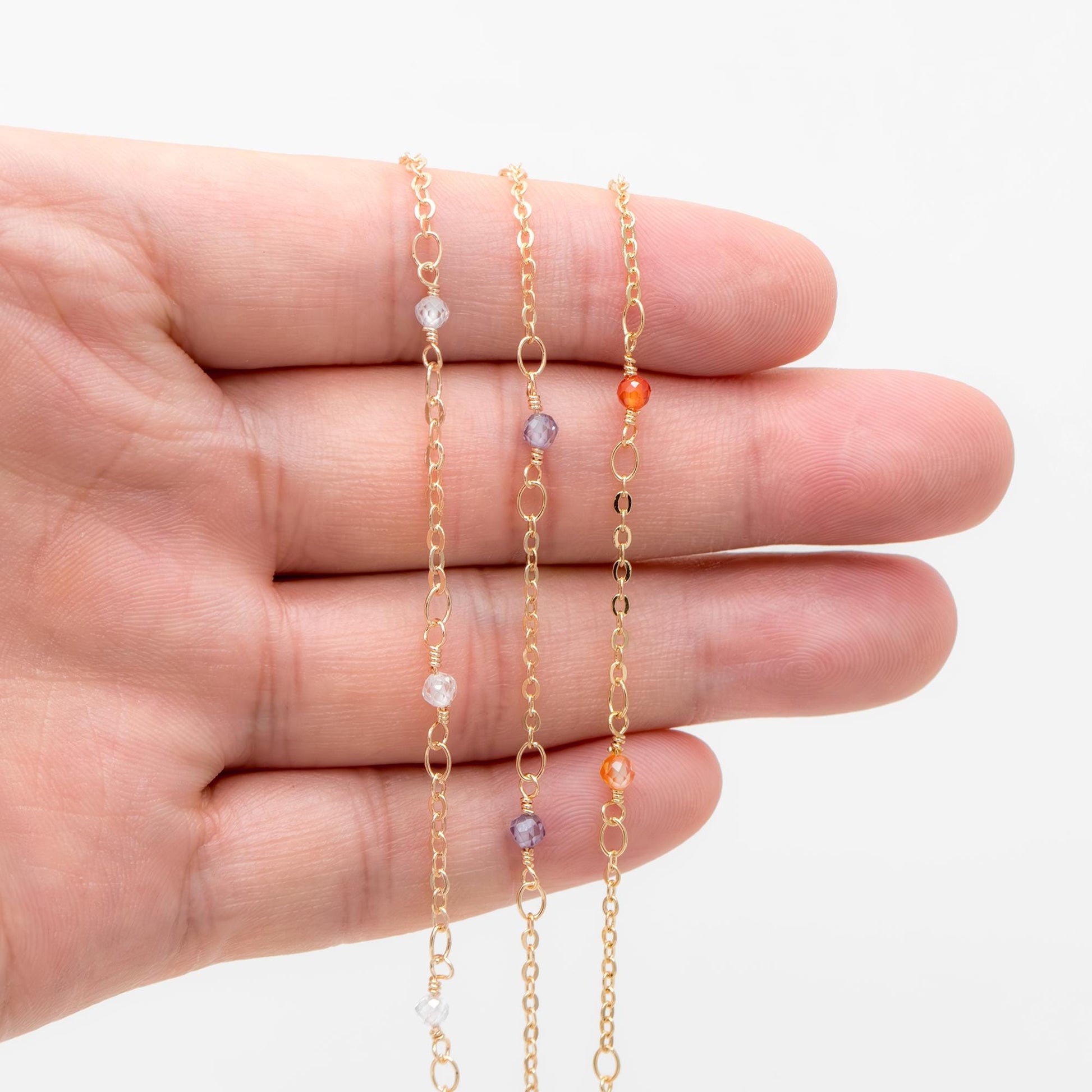 Gemstone Beaded Chain, 18K Gold plated Brass, 1.7mm Cable Chain with 3mm Quartz Beads (#LK-379)/ 1 Meter=3.3ft