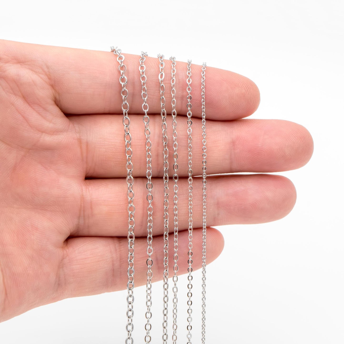 Dainty Silver Flat Oval Cable Chains, Rhodium plated Brass Tiny Chains, 1.2/ 1.4/ 1.6/ 1.8/ 2/ 2.5mm Thin Chains (#LK-001)/ 1 Meter=3.3 ft