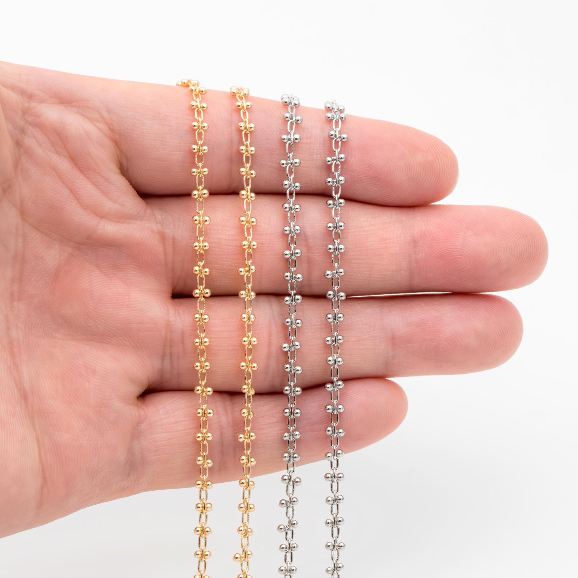 Gold/ Silver Tone Beaded Cable Chains 3.3mm, 18K Gold/ Rhodium plated Brass, Quality Specialty Chain Wholesale (#LK-237)/ 1 Meter=3.3 ft