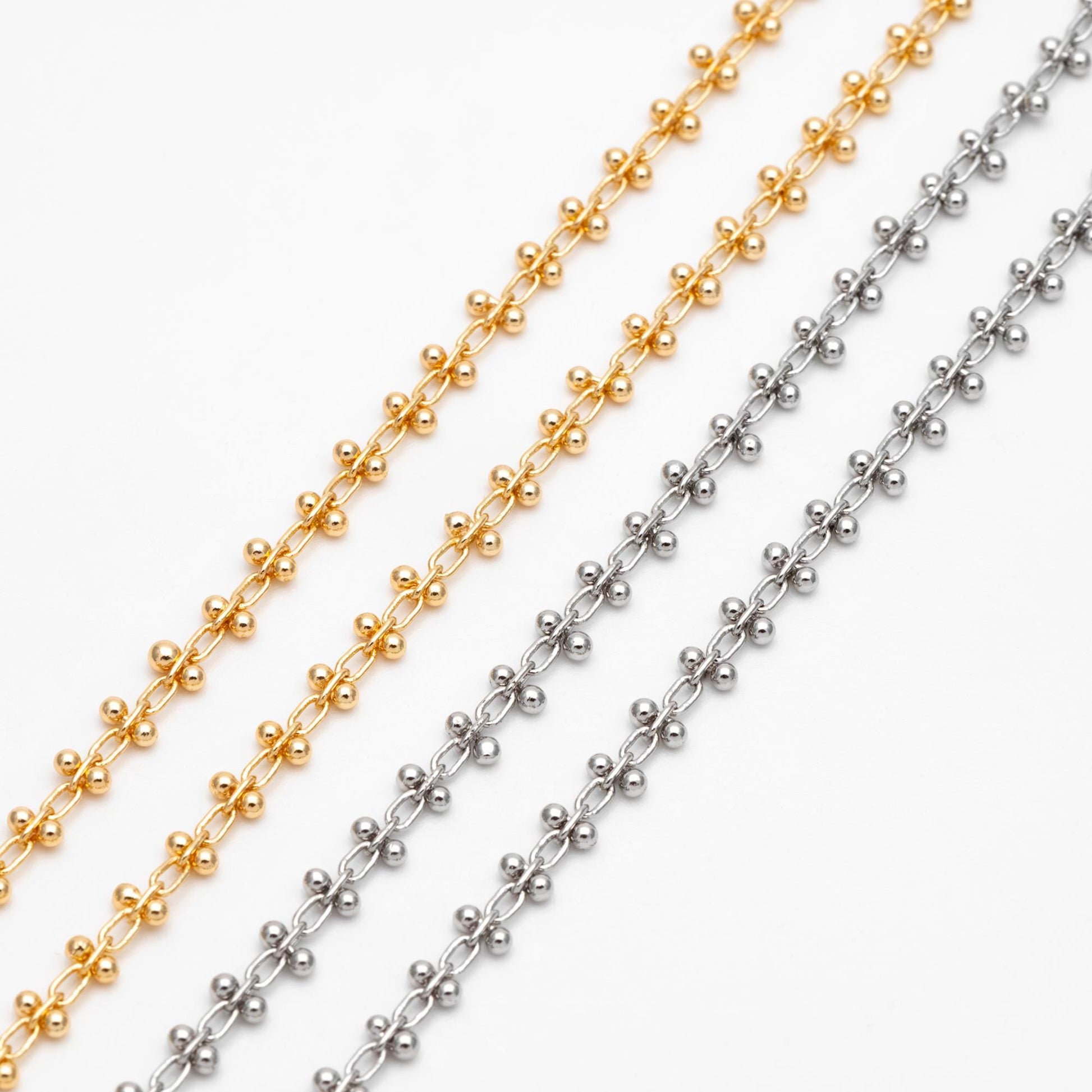 Gold/ Silver Tone Beaded Cable Chains 3.3mm, 18K Gold/ Rhodium plated Brass, Quality Specialty Chain Wholesale (#LK-237)/ 1 Meter=3.3 ft