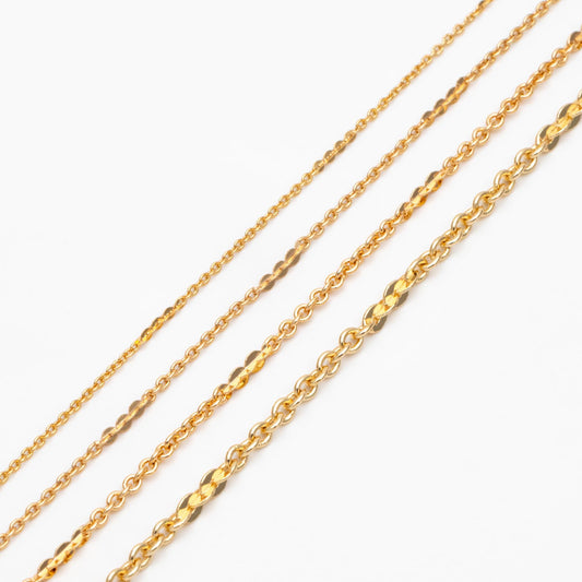 Gold plated Brass Cable Chains, 1.2/ 1.7/ 2/ 2.7mm Thin, Delicate Link Chains (#LK-104)/ 1 Meter=3.3 ft