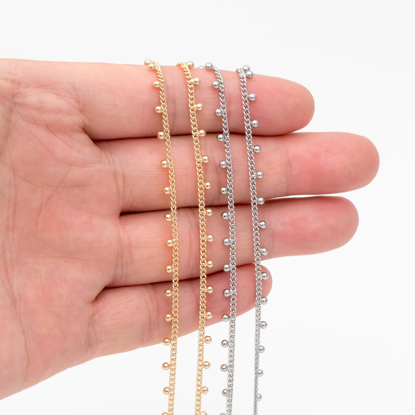 Gold/ Silver Curb Chain with Ball Charms, 18K Gold/ Rhodium plated Brass, Quality Chain for DIY Necklace Wholesale (#LK-253)/ 1 Meter=3.3ft