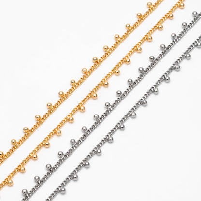 Gold/ Silver Curb Chain with Ball Charms, 18K Gold/ Rhodium plated Brass, Quality Chain for DIY Necklace Wholesale (#LK-253)/ 1 Meter=3.3ft