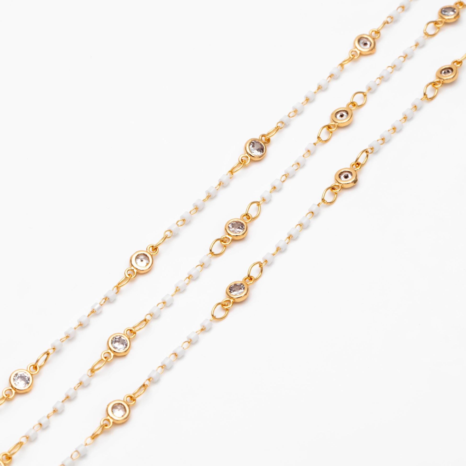 Miyuki Seed Bead Chain, Dainty Gold Beaded Chains, 4mm Round Coin CZ Links (#LK-437)/ 1 Meter=3.3 ft