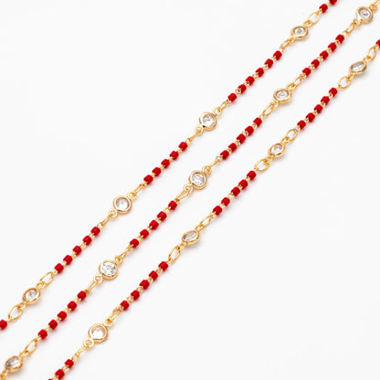 Miyuki Seed Bead Chain, Dainty Gold Beaded Chains, 4mm Round Coin CZ Links (#LK-437)/ 1 Meter=3.3 ft