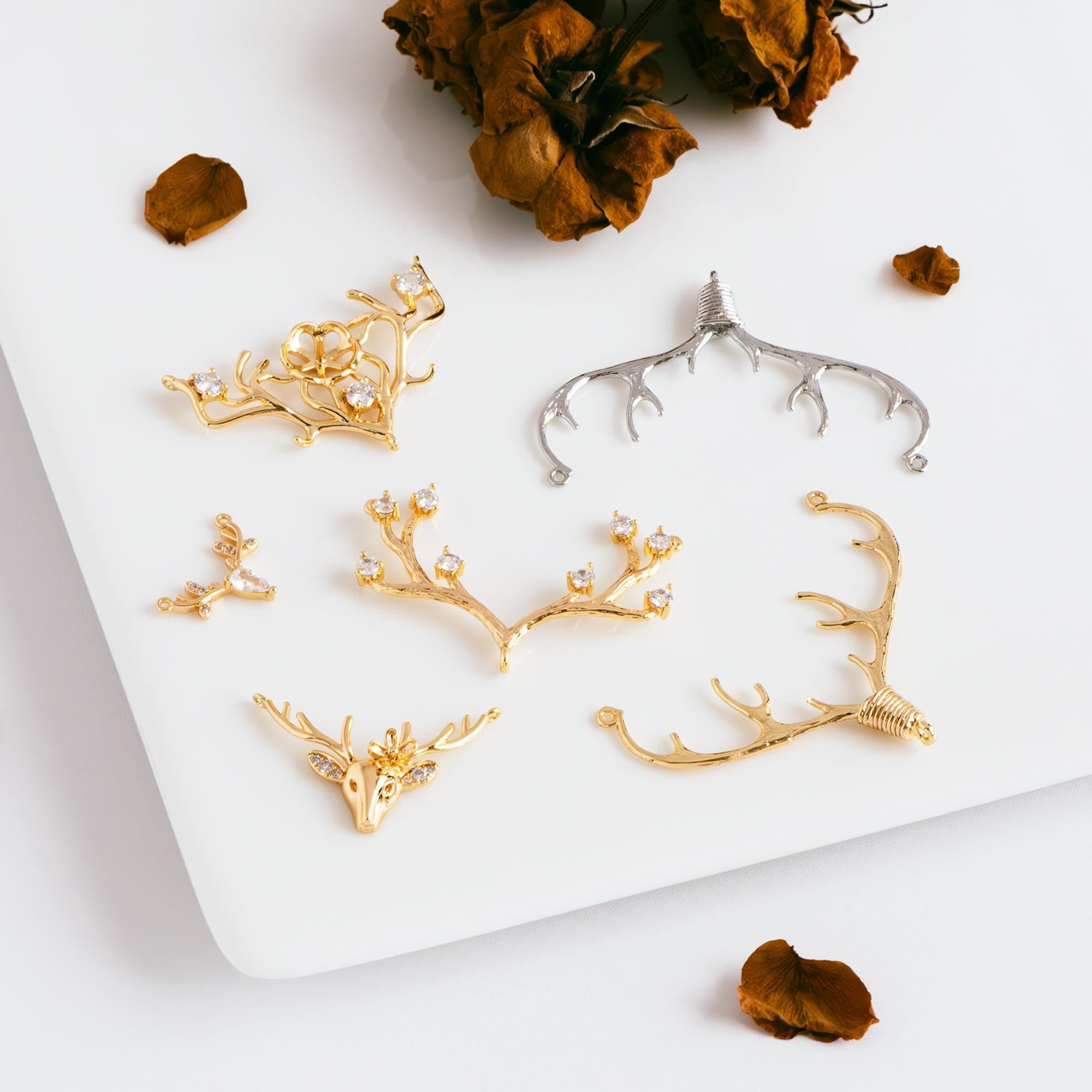 4pcs Gold/ Silver Tone Deer horn Connector, 18K Gold/ Rhodium plated Brass, Deer Horn Antlers Connector Charms (GB-427)