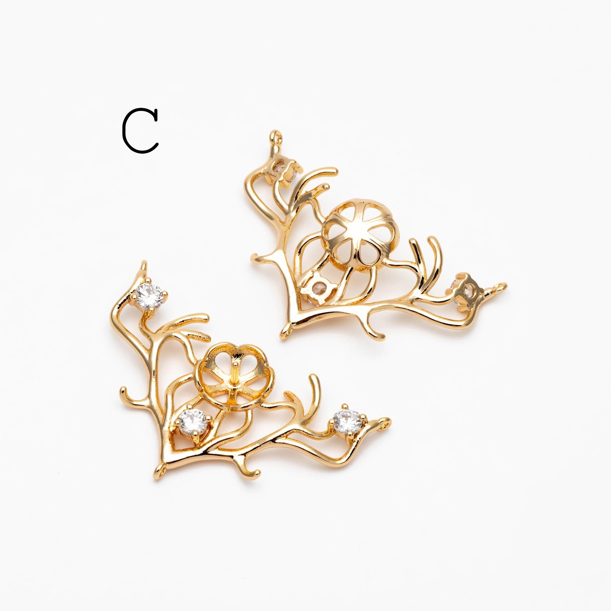 4pcs Gold/ Silver Tone Deer horn Connector, 18K Gold/ Rhodium plated Brass, Deer Horn Antlers Connector Charms (GB-427)