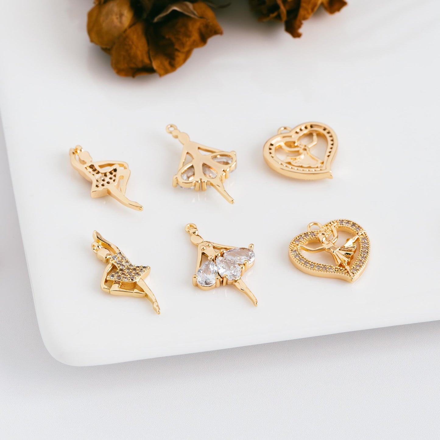 4pcs CZ Pave Gold Ballerina Charms, 18K Gold plated Brass, Ballet Leap Dancer Charm, girl charm (GB-1189)