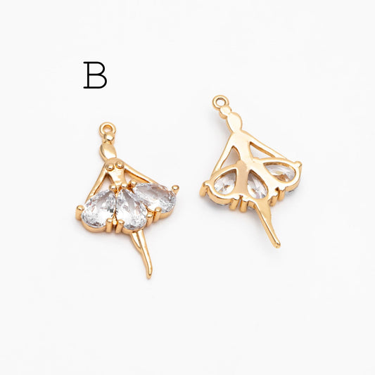 4pcs CZ Pave Gold Ballerina Charms, 18K Gold plated Brass, Ballet Leap Dancer Charm, girl charm (GB-1189)