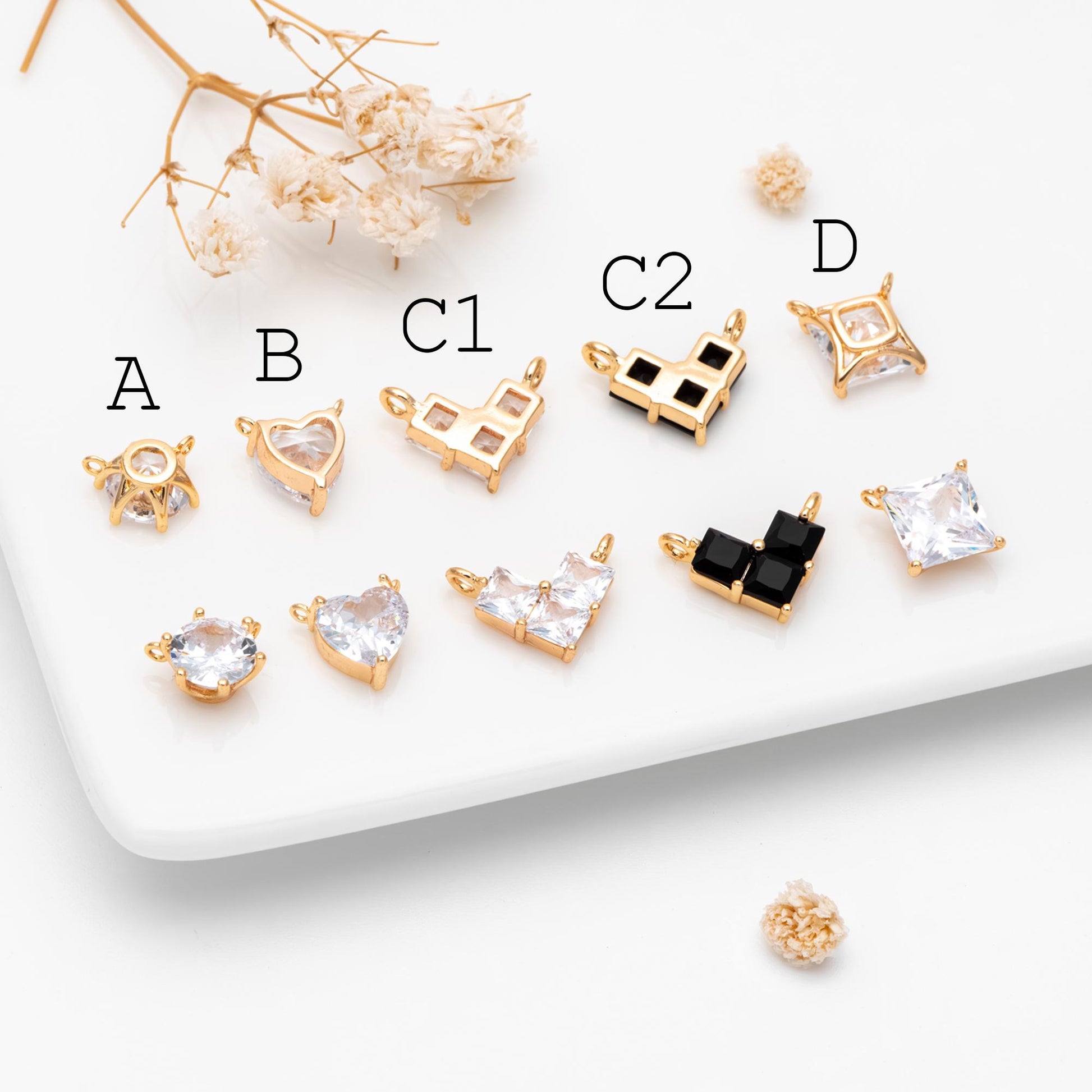 4pcs CZ Pave Gold Round/ Heart/ Rhombus Connectors, Gold Geometric Necklace Pendants (GB-215)