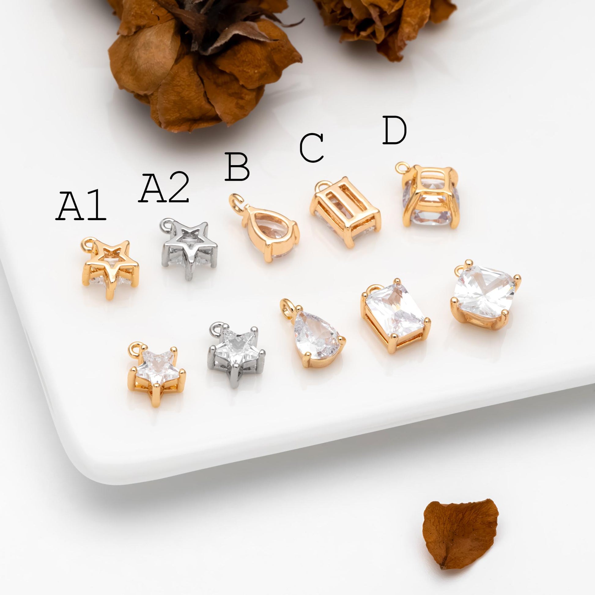 10pcs CZ pave Gold/ Silver Tone Star/ Teardrop/ Rectangle/ Rhombus Charms, Gold Plated Brass Geometric Pendants (GB-1151)