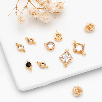10pcs CZ pave Gold Round/ Rhombus Charms, 18K Gold plated Brass, Geometric Connectors (GB-2850)