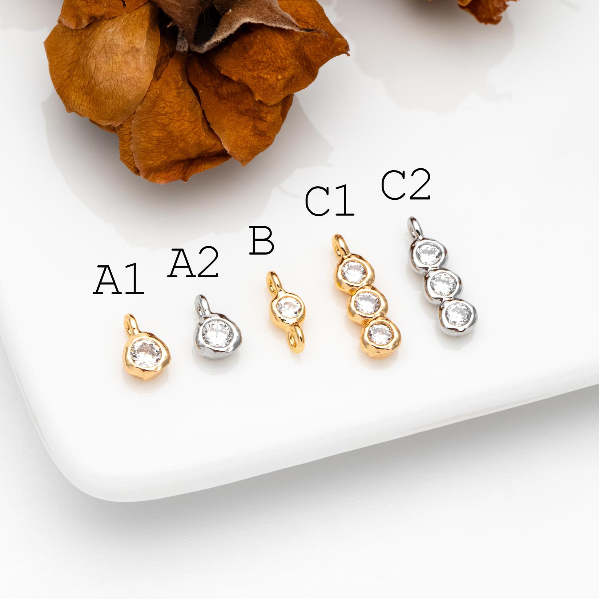 10pcs Gold/ Silver Tone Zircon Charms, Gold/ Rhodium plated Brass, White Stone Charm Connectors (GB-3897)