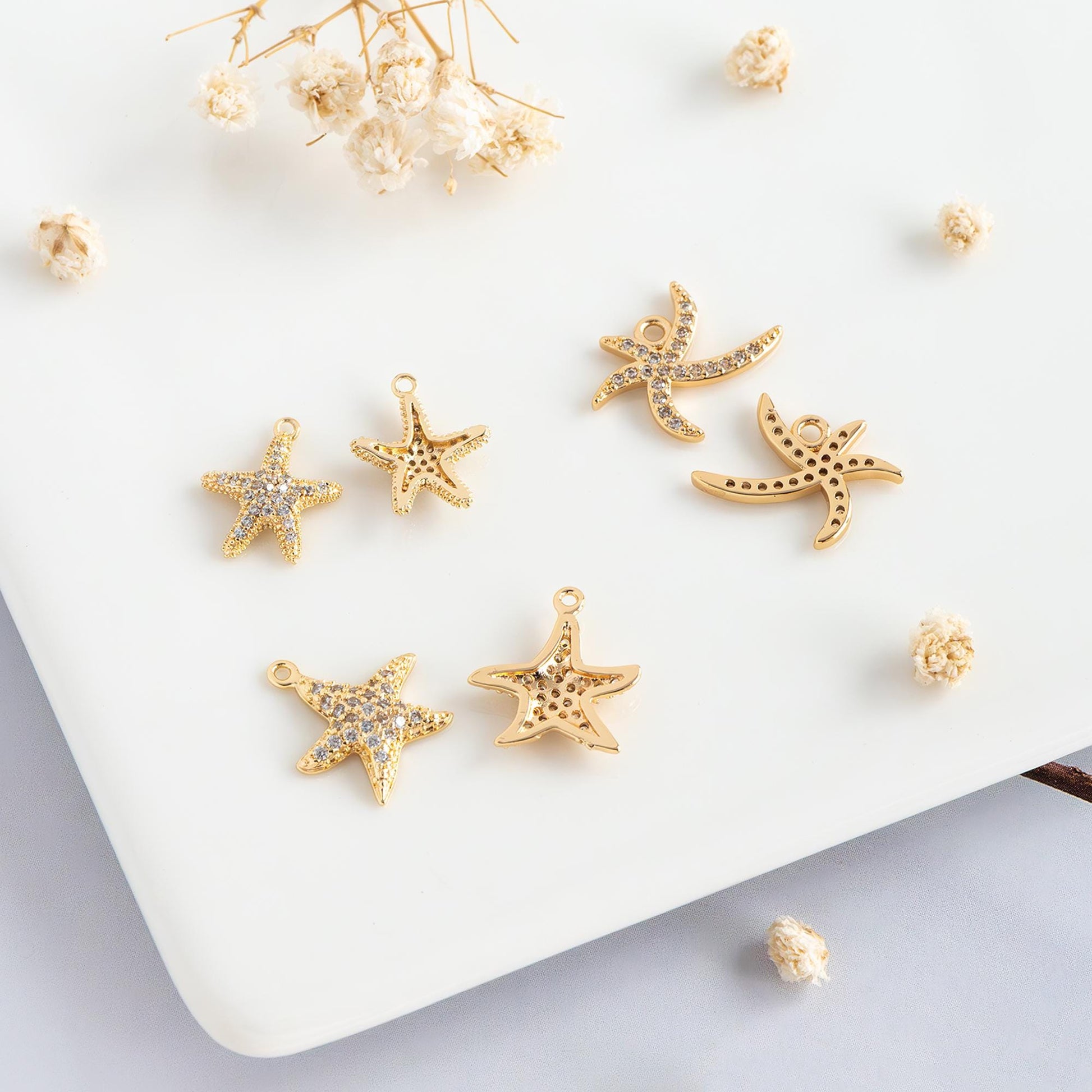 4pcs CZ Pave Gold Starfish Charms , Beach Style Mini Starfish Pendants (GB-722)