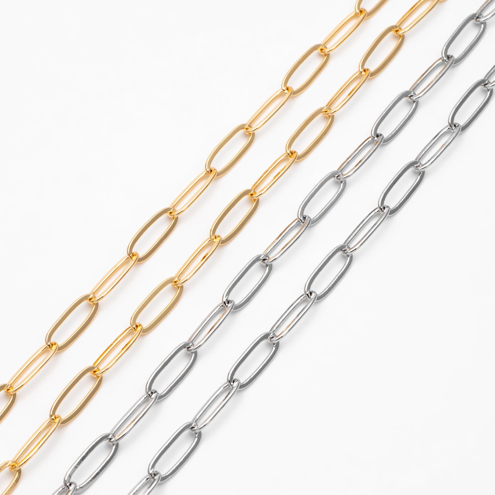 Gold/ Silver Tone Chains, Gold/ Rhodium plated Brass, Long Oval Link 5x14mm, Color Not Easily Tarnish (#LK-317)/ 1 Meter=3.3 ft