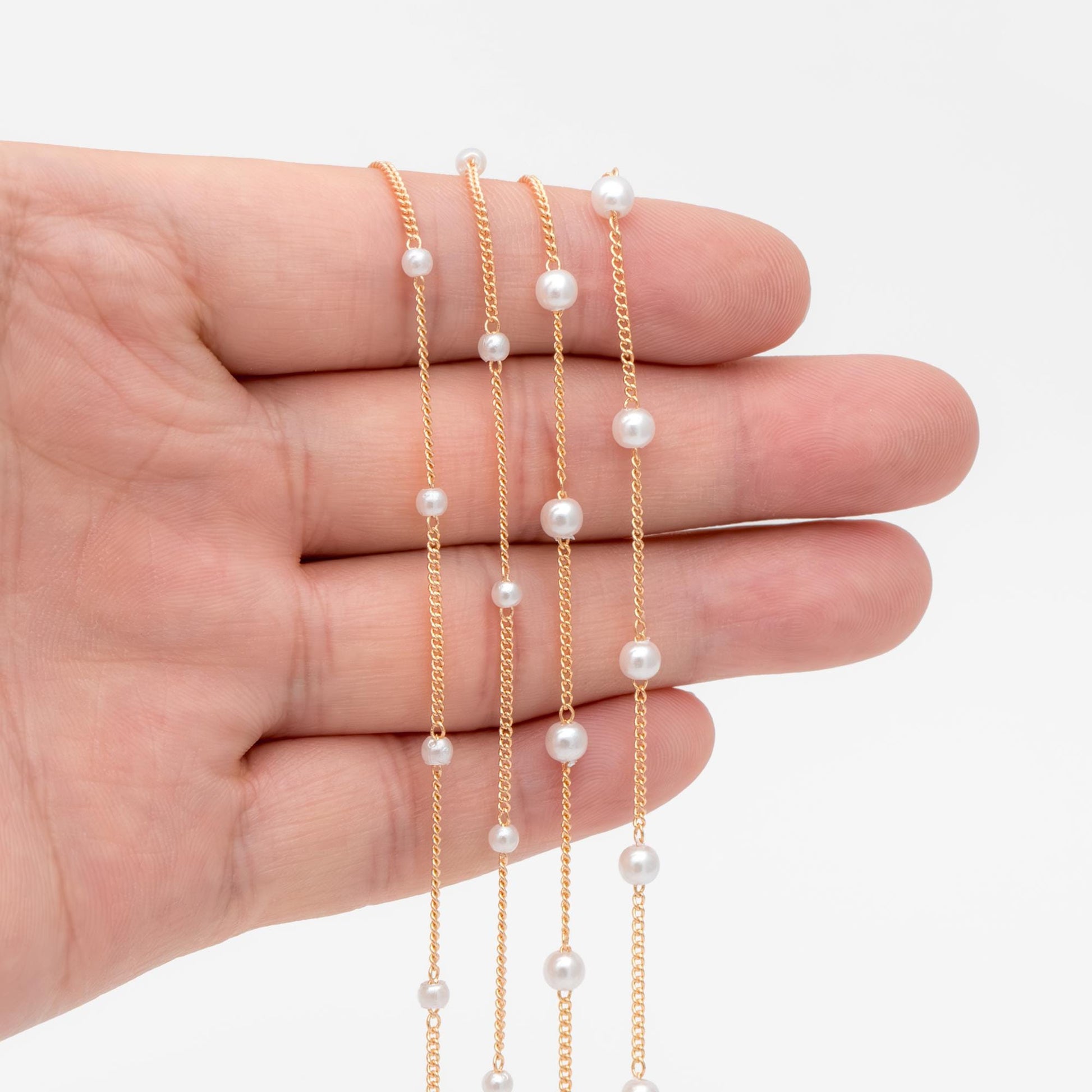 Gold Faux Pearl Beaded Chain, 18K Gold plated Brass Chain with Faux Pearl 3 / 4mm (LK-159) / 1 meter= 3.3ft