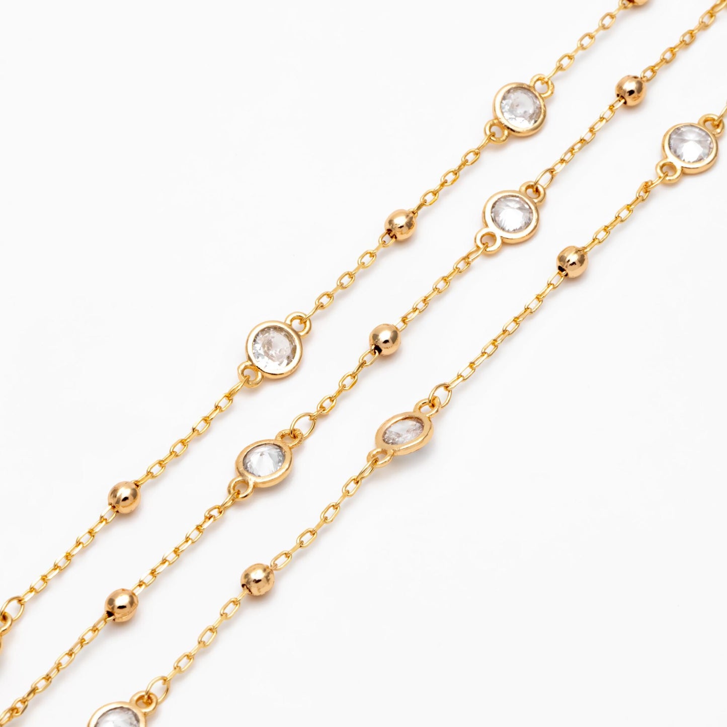 Gold/ Silver Tone Beaded Chains, 6mm Round Coin CZ Links, Gold/ Rhodium plated Brass, Lead Nickel Free (#LK-338)/ 1 Meter=3.3 ft