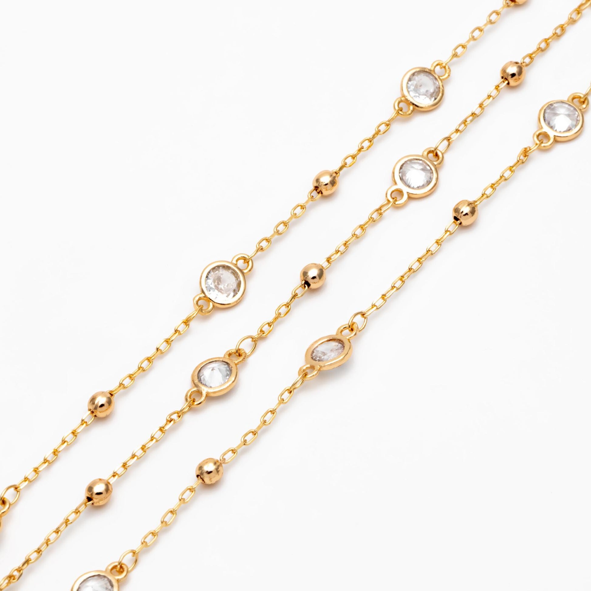 Gold/ Silver Tone Beaded Chains, 6mm Round Coin CZ Links, Gold/ Rhodium plated Brass, Lead Nickel Free (#LK-338)/ 1 Meter=3.3 ft
