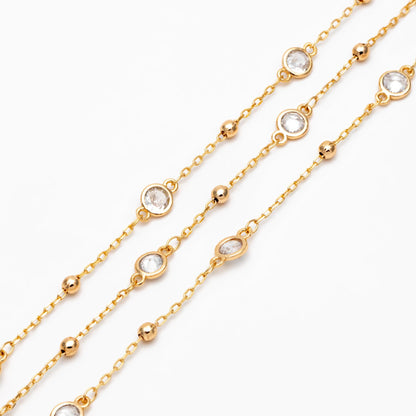 Gold/ Silver Tone Beaded Chains, 6mm Round Coin CZ Links, Gold/ Rhodium plated Brass, Lead Nickel Free (#LK-338)/ 1 Meter=3.3 ft